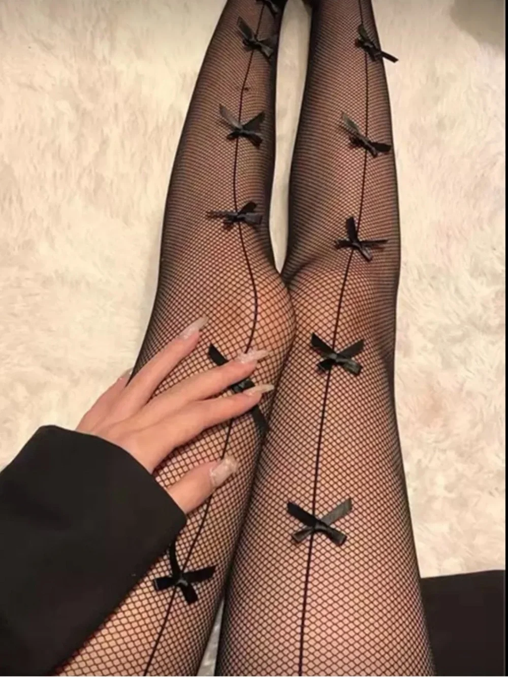 Black Bow-Accent Fishnet Tights with Back Seam